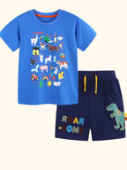 Blue kids farm alphabet T-shirt and navy dinosaur shorts set, front flat lay