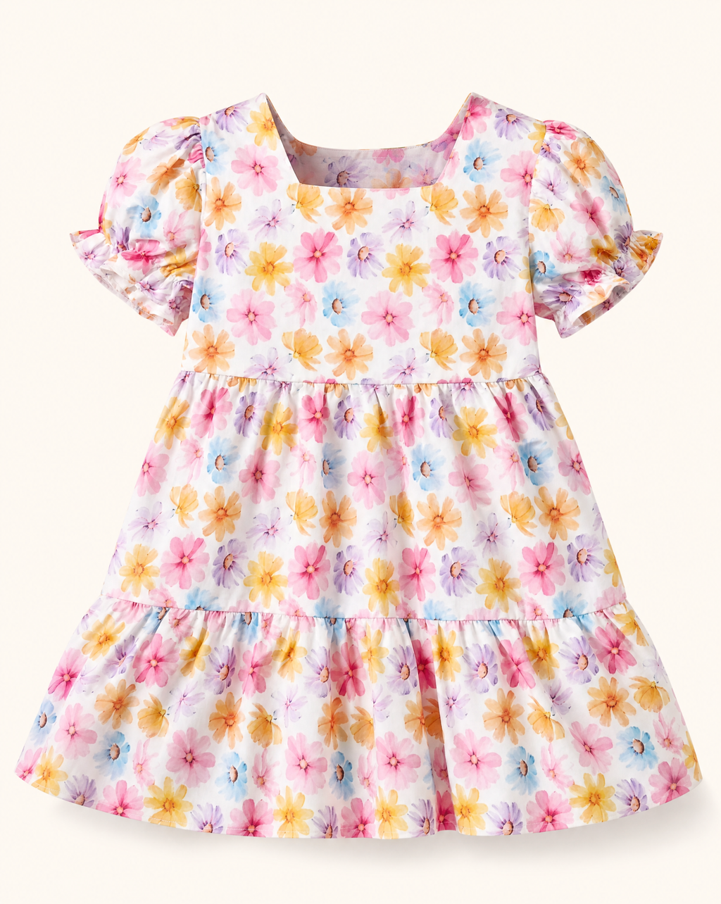 Baby  Multicolor Floral Puff Sleeve Tiered Dress