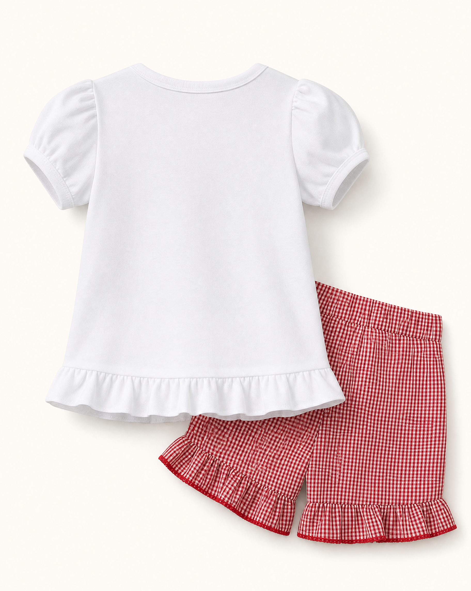 Baby Strawberry Appliqué Top & Gingham Ruffle Shorts Set