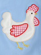 Light blue baby and toddler T-shirt with white chicken appliqué and gingham details, close-up view