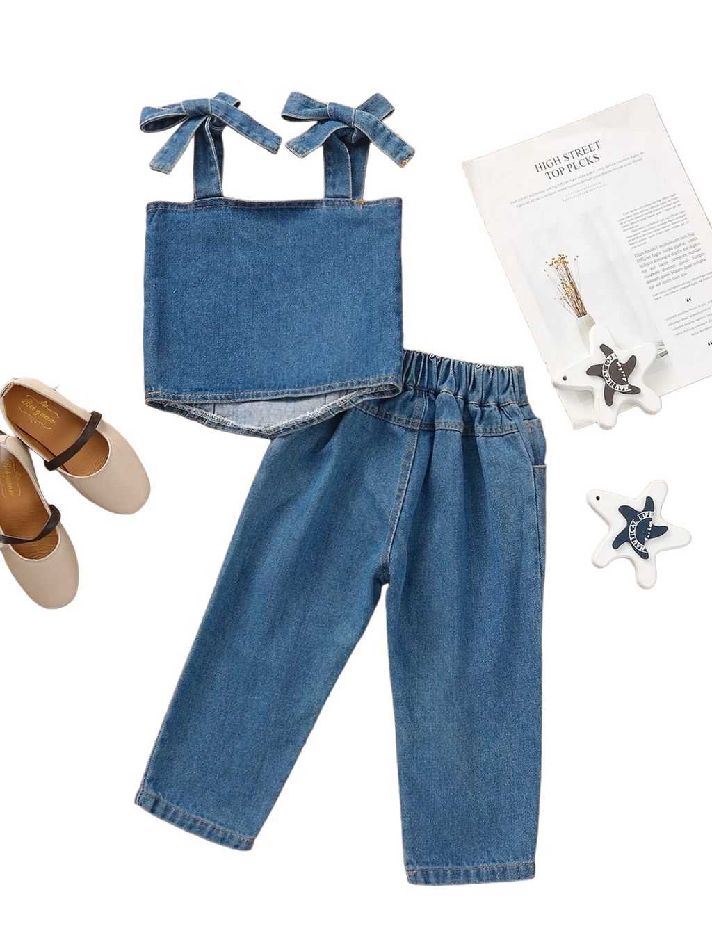 Kids’ Tie-Shoulder Denim Top and Distressed Jeans Set