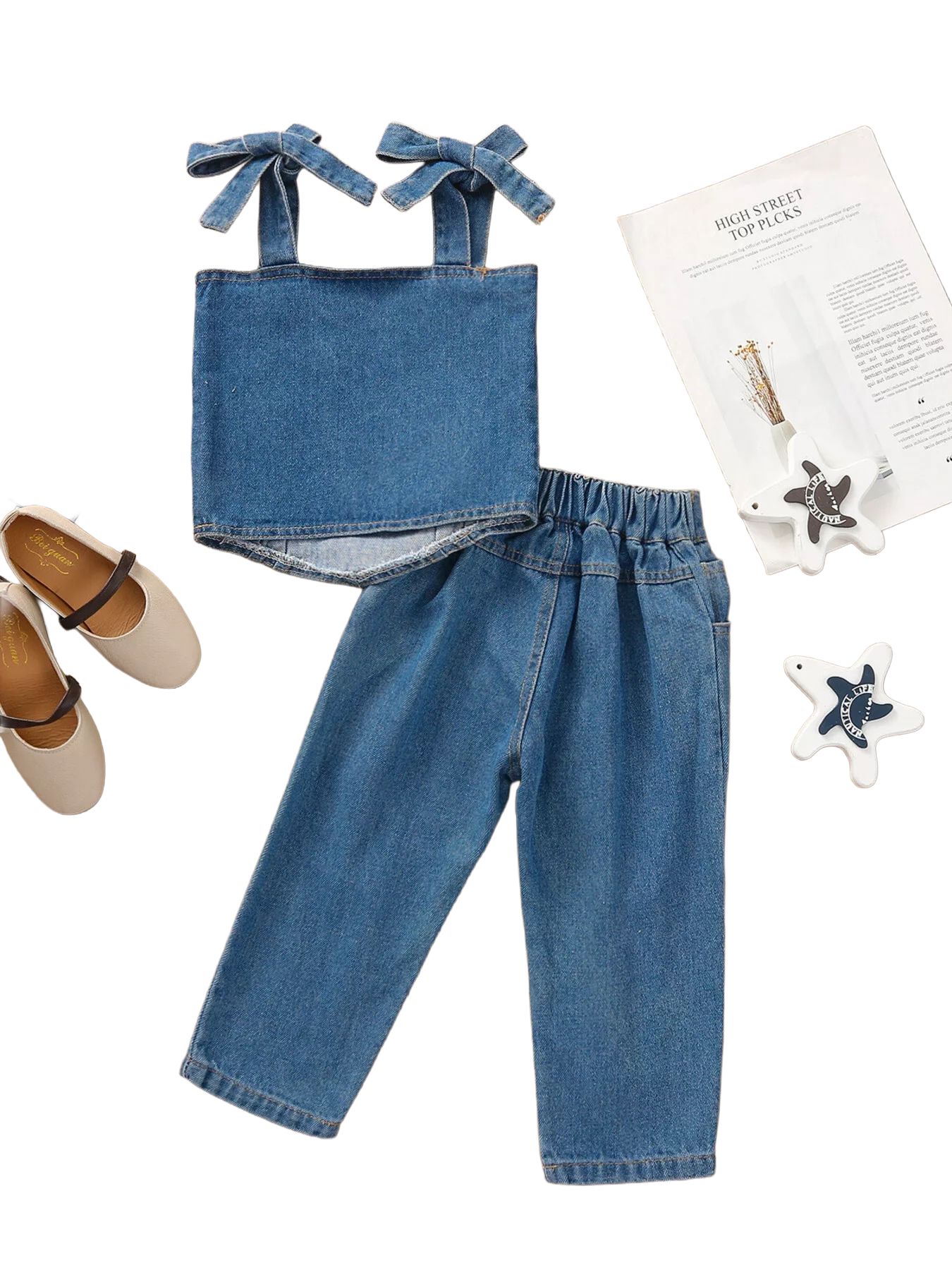 Kids’ Tie-Shoulder Denim Top and Distressed Jeans Set