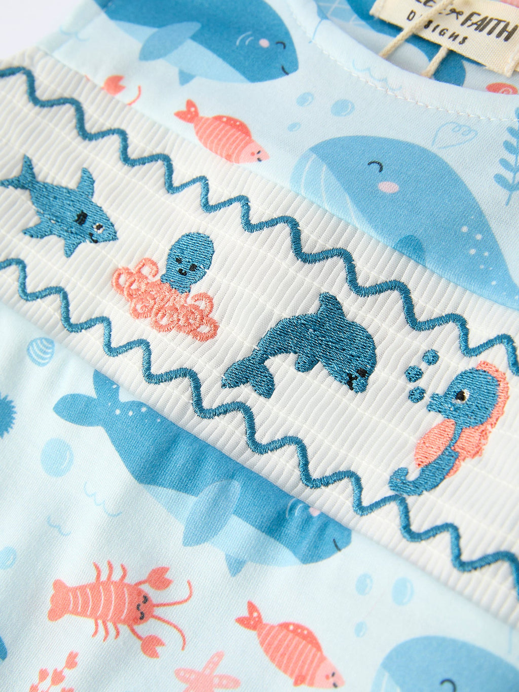 Marine Animal Smocked Embroidered Baby Romper