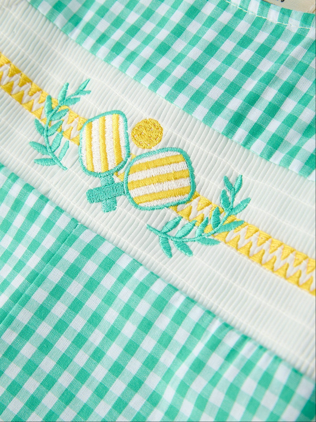 Pickleball Embroidered Smocked Gingham Baby Romper