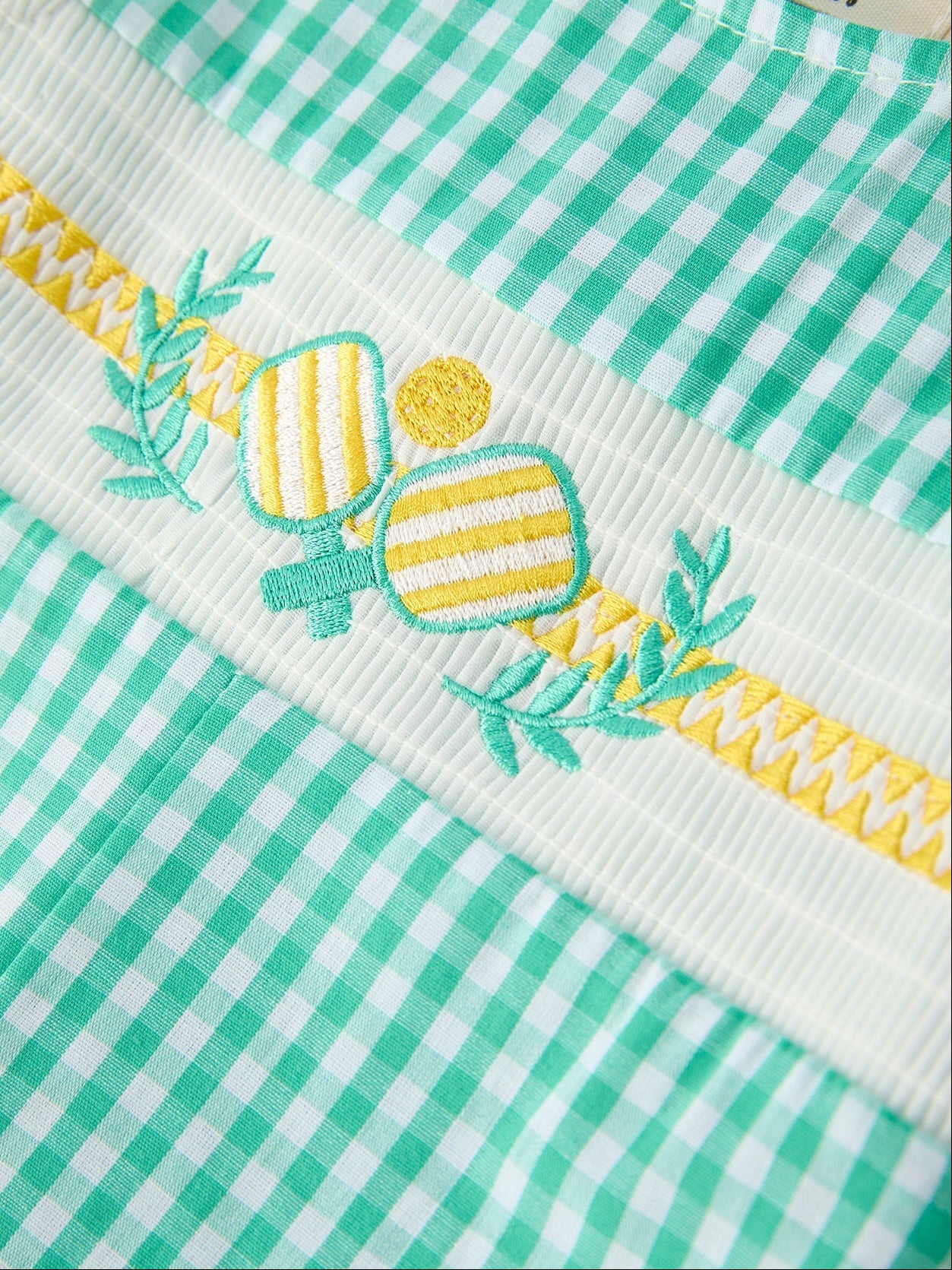 Pickleball Embroidered Smocked Gingham Baby Romper