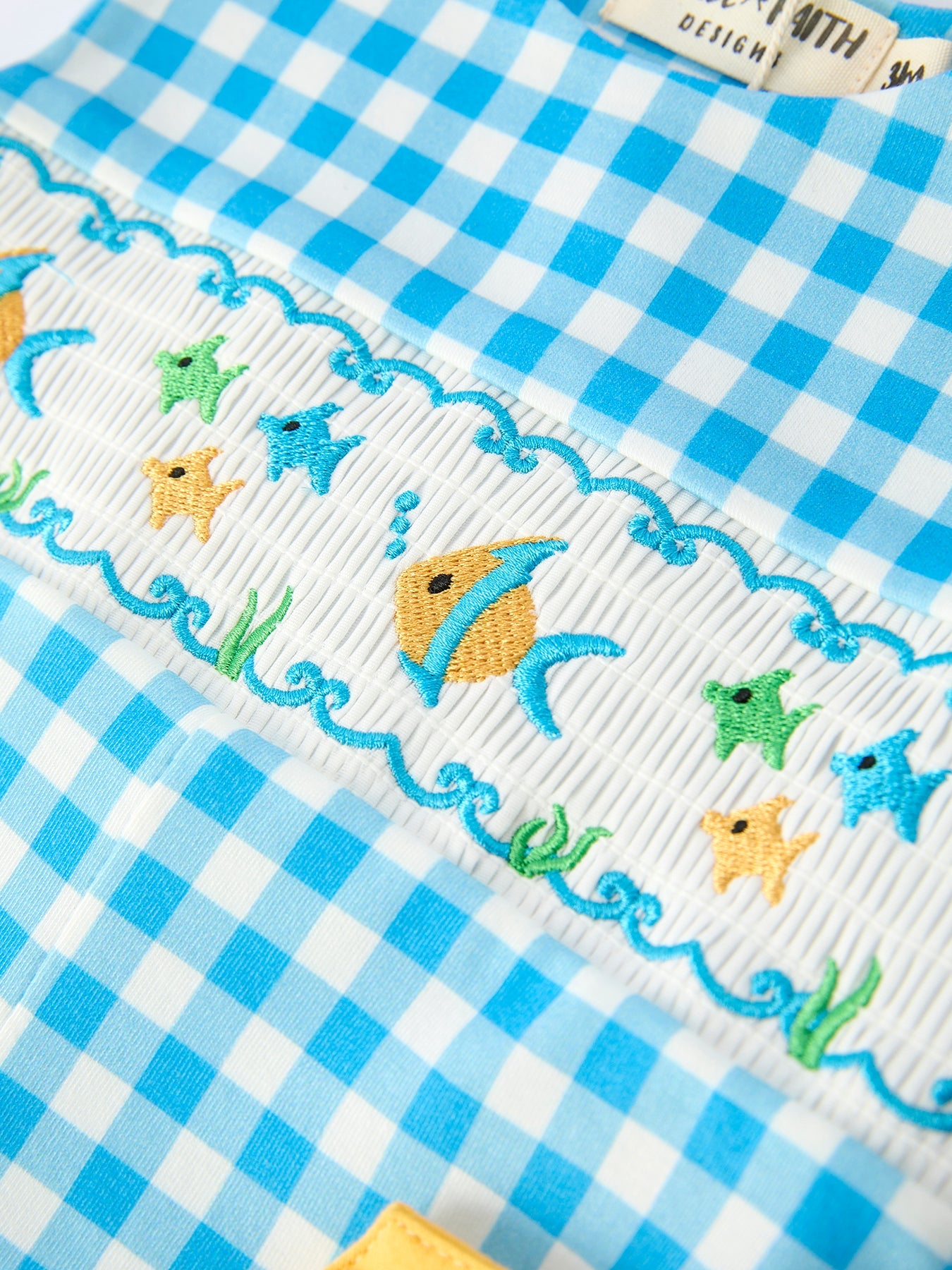 Fish Embroidered Smocked Plaid Baby Romper