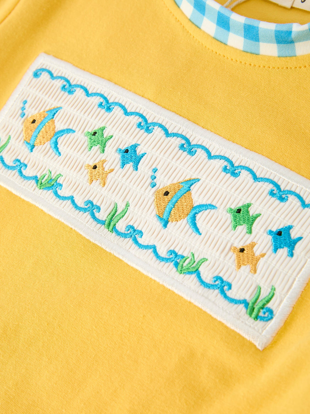 Fish Embroidered Smocked Tee & Plaid Shorts Set