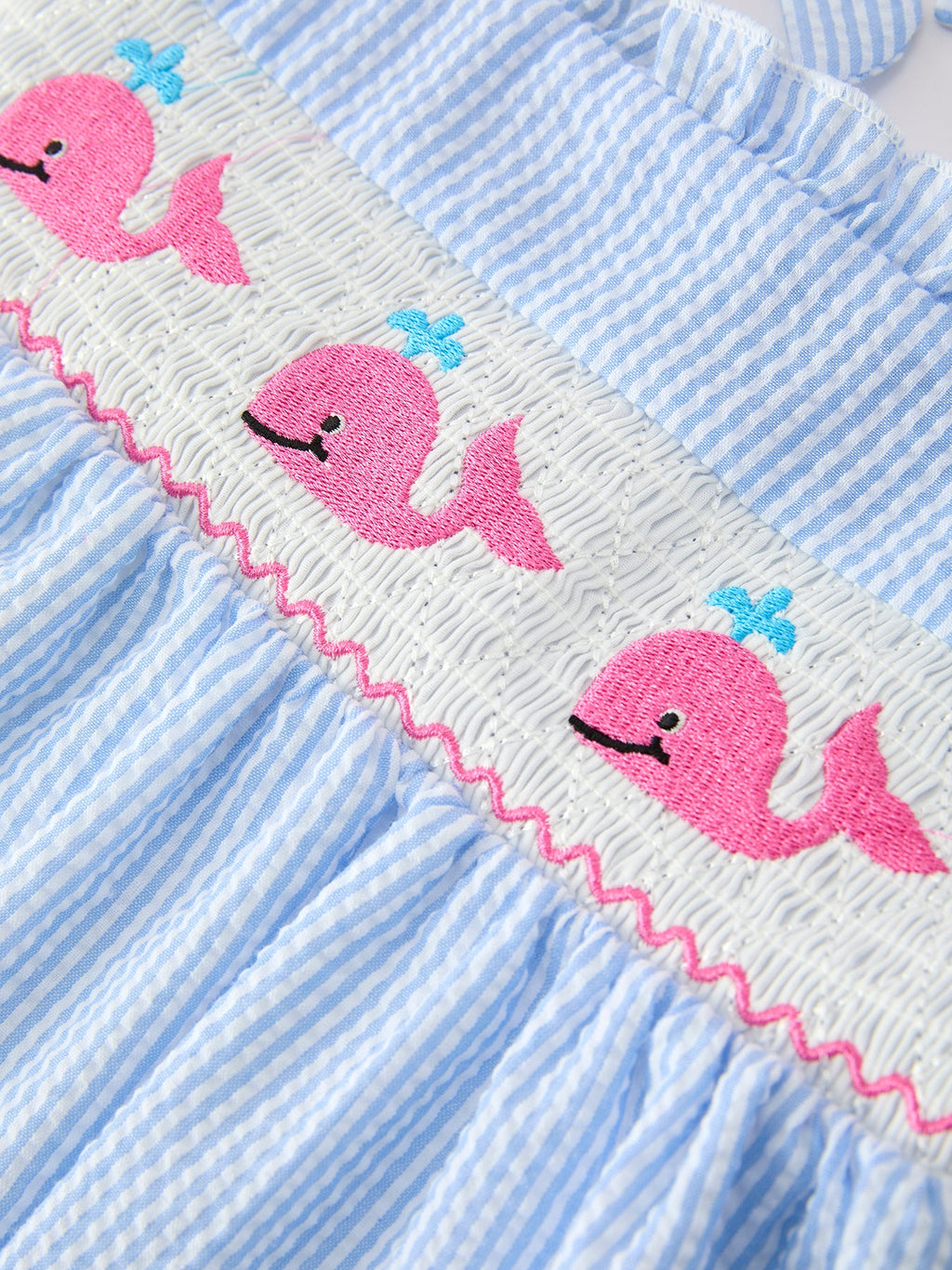 Blue Whale Embroidered Smocked Seersucker Dress