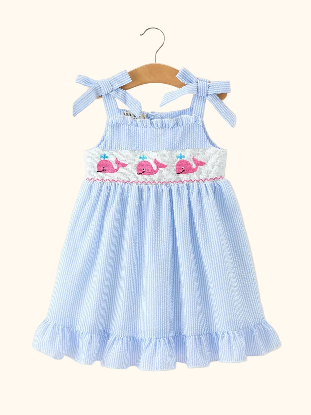 Blue Whale Embroidered Smocked Seersucker Dress