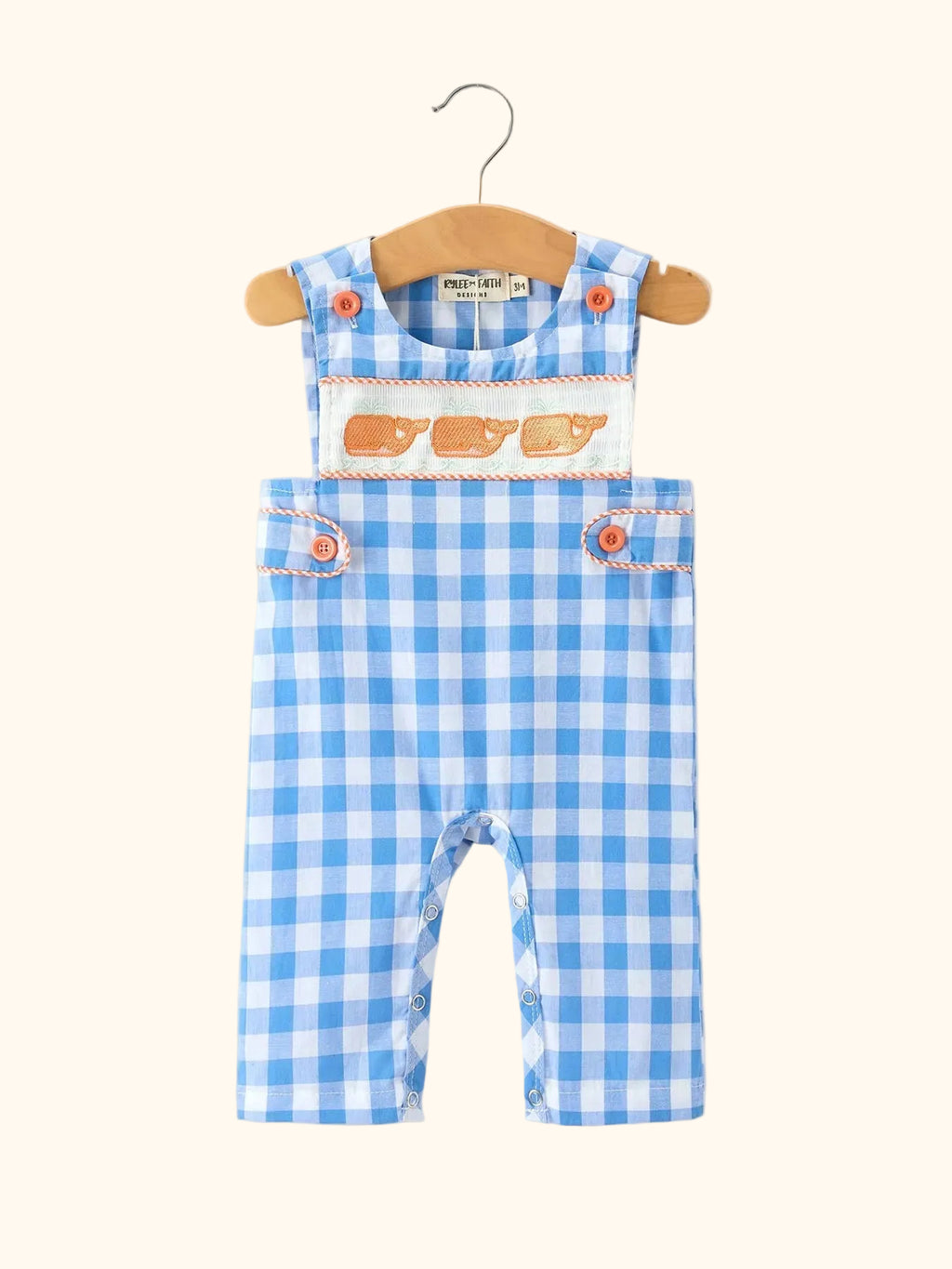 Blue Plaid Whale Embroidered Longall Romper