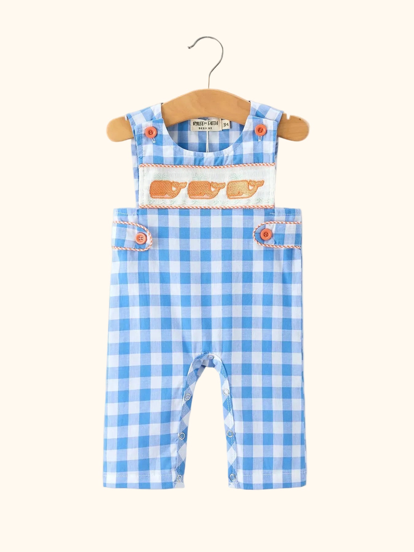 Blue Plaid Whale Embroidered Longall Romper