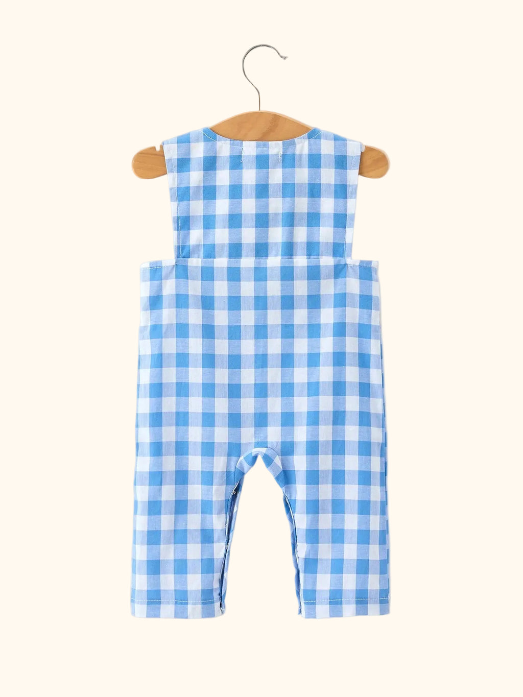 Blue Plaid Whale Embroidered Longall Romper