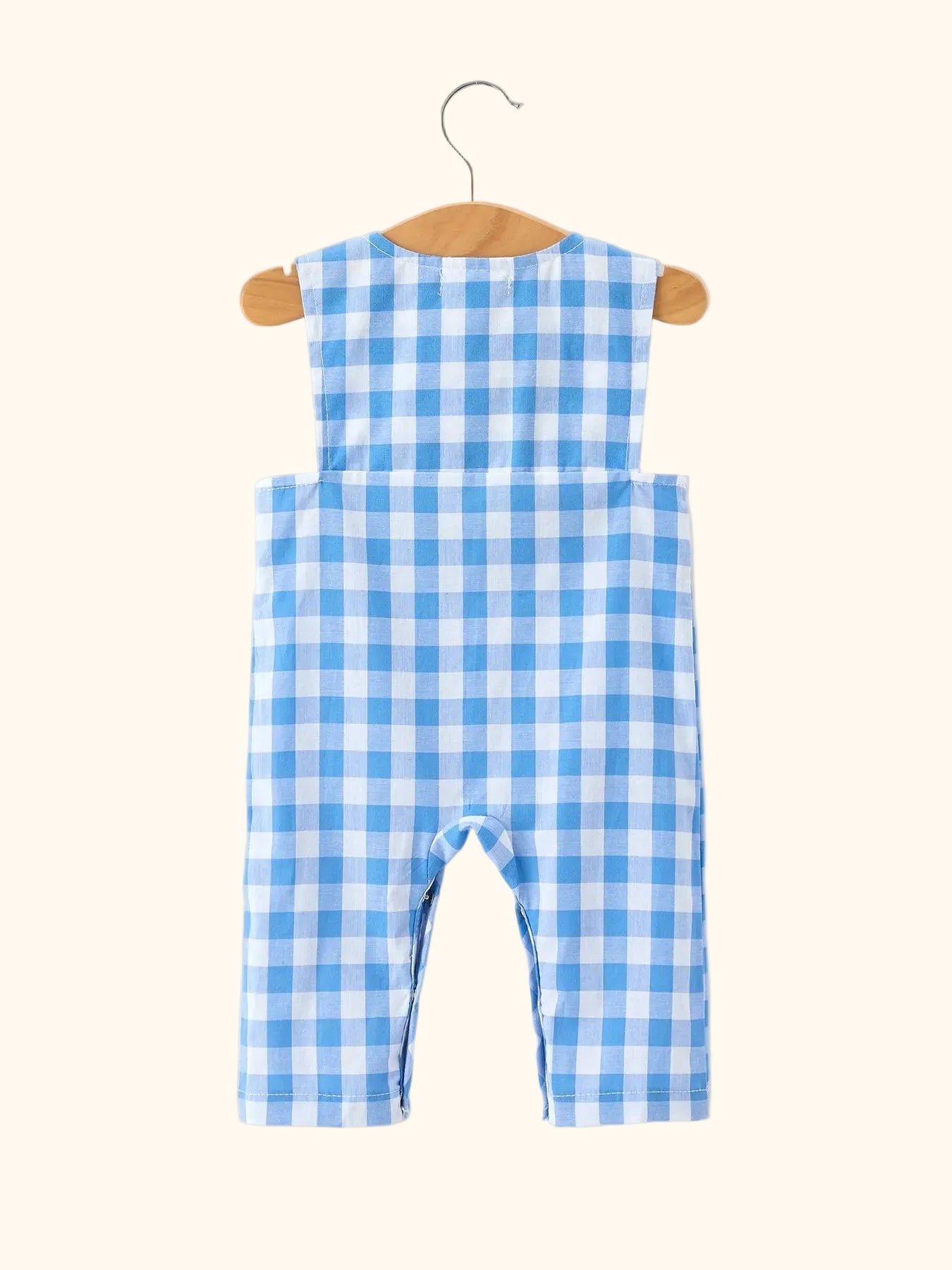 Blue Plaid Whale Embroidered Longall Romper