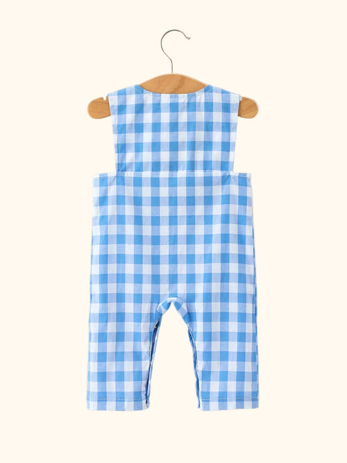 Blue Plaid Whale Embroidered Longall Romper