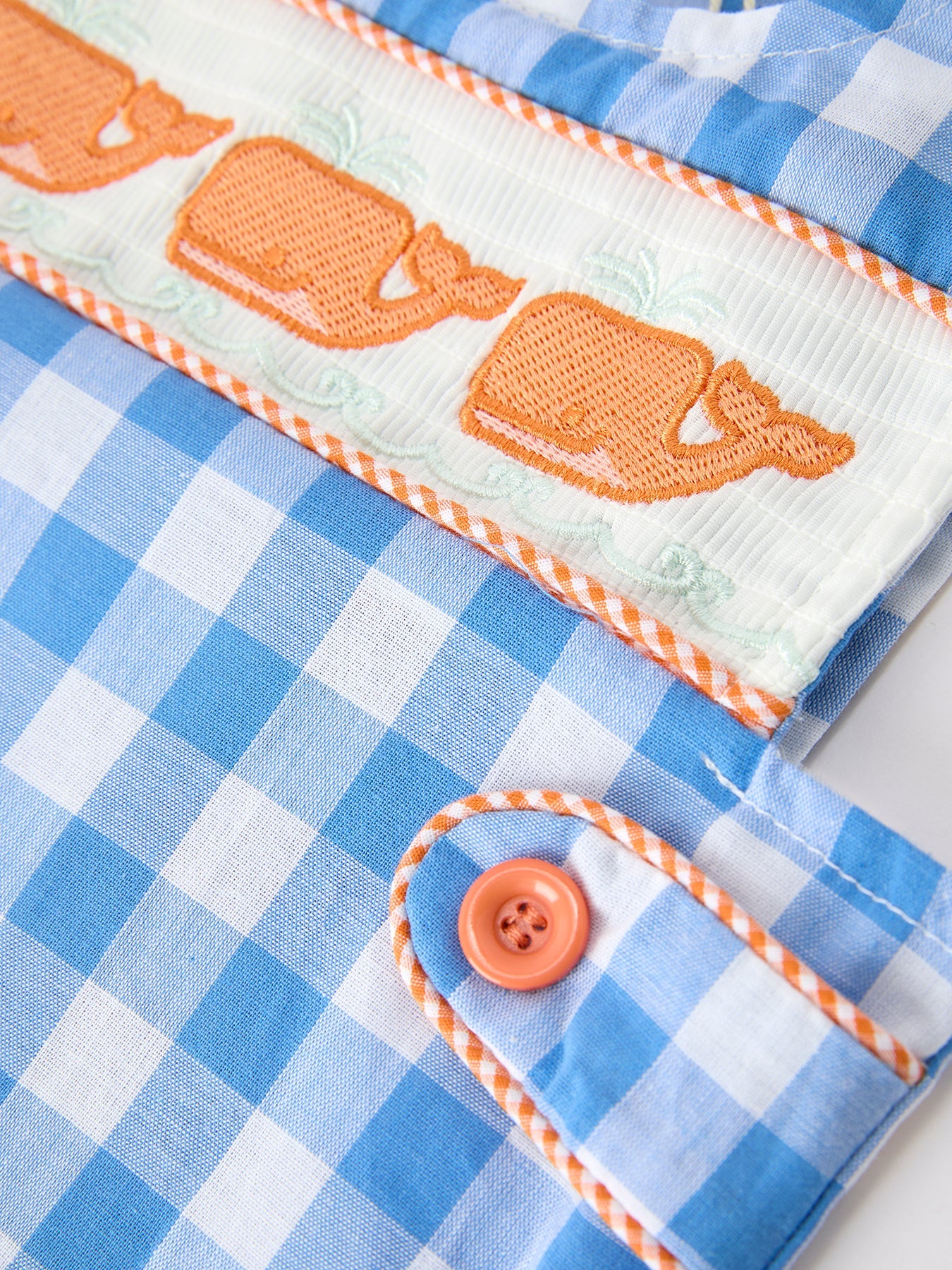 Blue Plaid Whale Embroidered Longall Romper