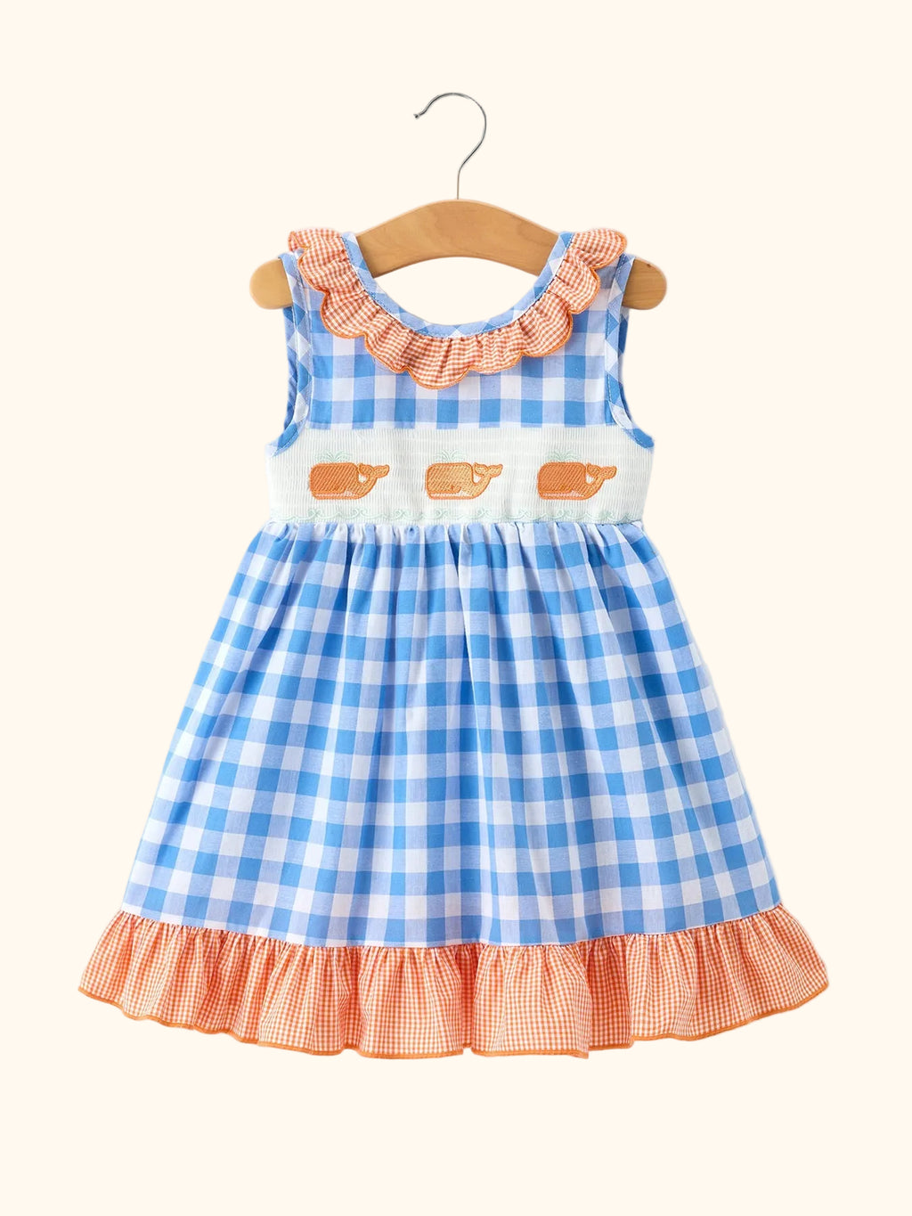 Blue Plaid Whale Embroidered Ruffle Dress