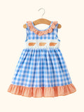 Blue Plaid Whale Embroidered Ruffle Dress