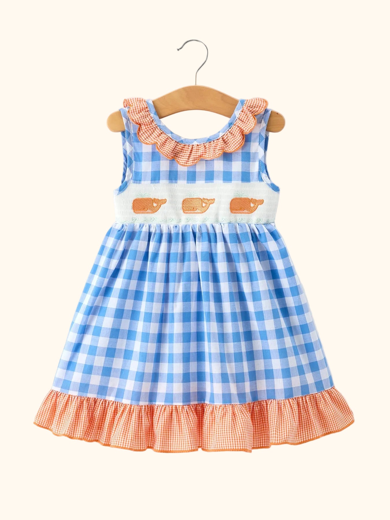 Blue Plaid Whale Embroidered Ruffle Dress