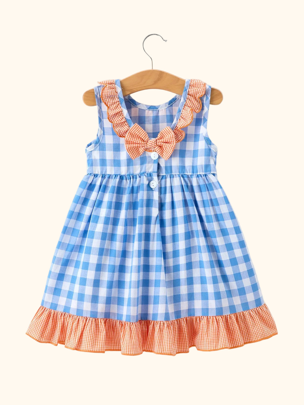 Blue Plaid Whale Embroidered Ruffle Dress
