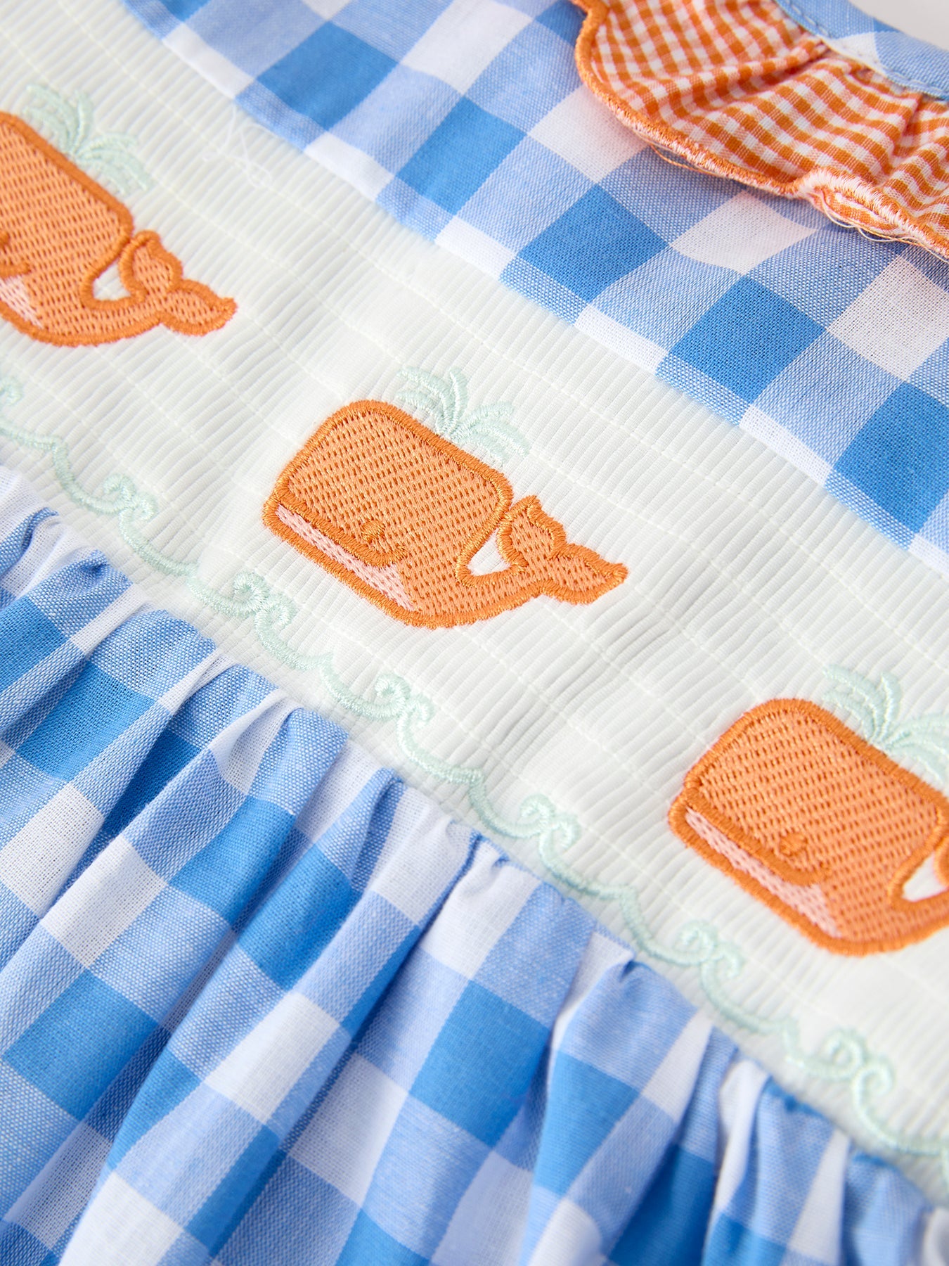 Blue Plaid Whale Embroidered Ruffle Dress
