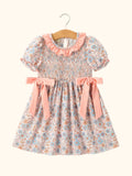 Fall Floral Smocked Ruffle Bow Dress