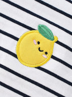 White and navy striped kids T-shirt with yellow lemon appliqué and green leaf, front detail view