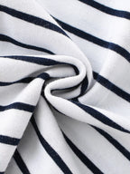 White and navy striped kids T-shirt fabric, close-up detail view