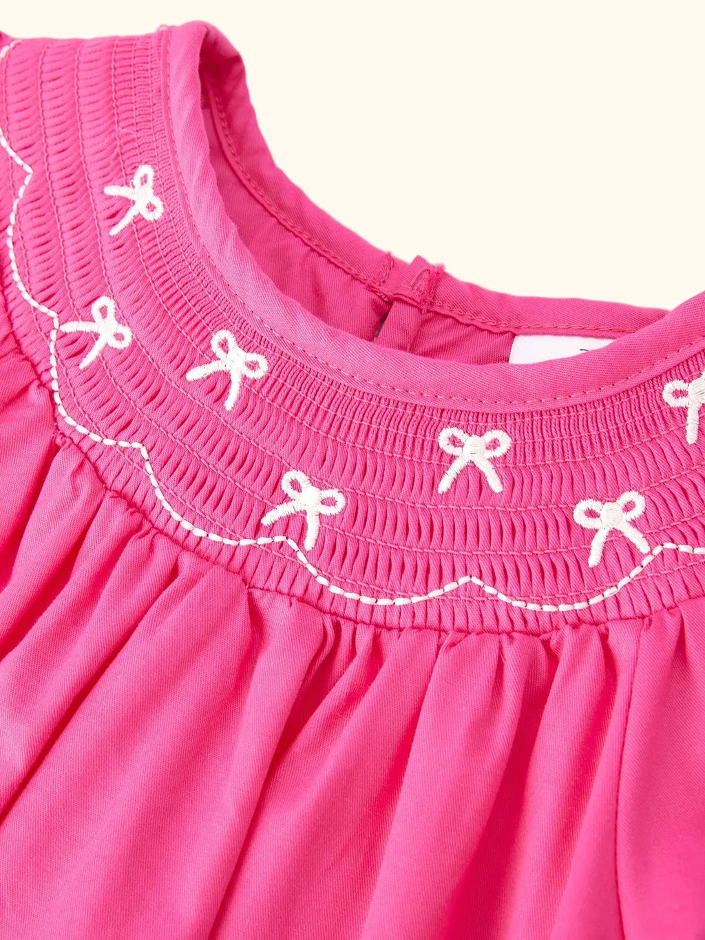 Bow-Embroidered Smocked Puff-Sleeve Dress