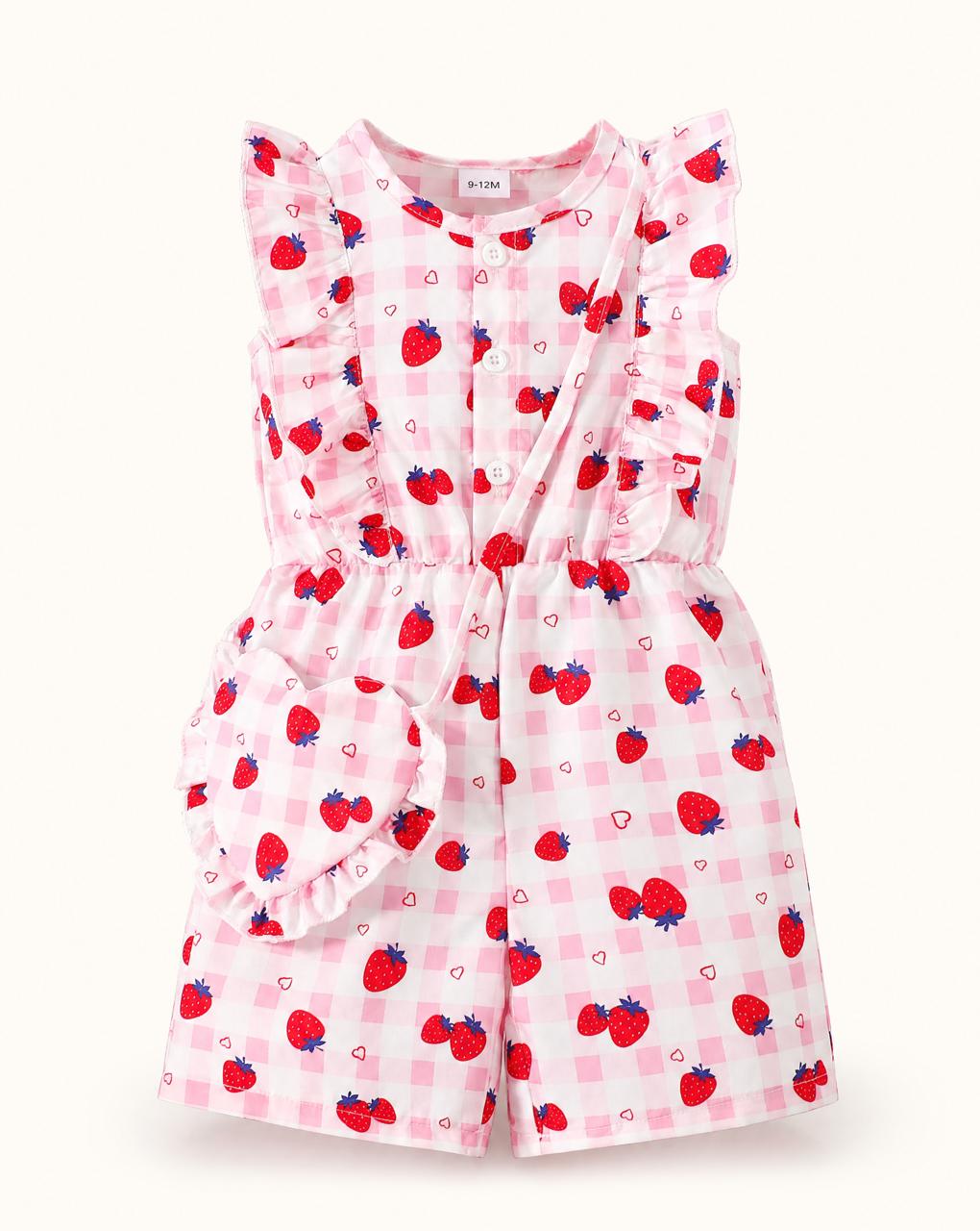 Baby Strawberry Gingham Ruffle Jumpsuit & Bow Headband Set