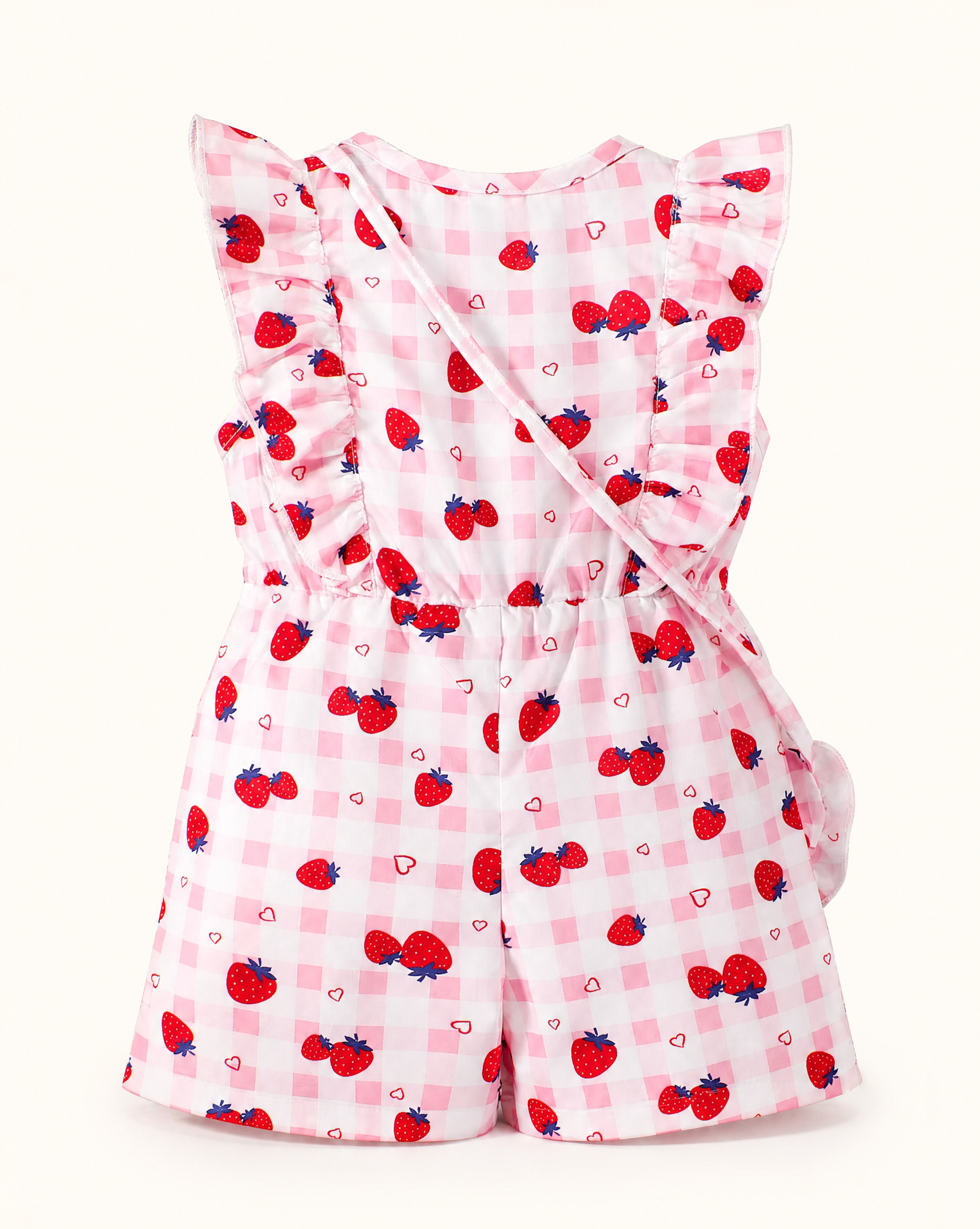 Baby Strawberry Gingham Ruffle Jumpsuit & Bow Headband Set