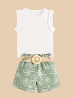 Baby Floral Belted Shorts & Ruffle Tank Set