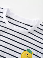 White and navy striped kids T-shirt with round neckline and lemon appliqué, neckline close-up