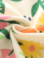 Beige kids floral and fruit print T-shirt cotton blend fabric, close-up detail view