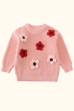 Cable Knit Floral Applique Sweater - Pink