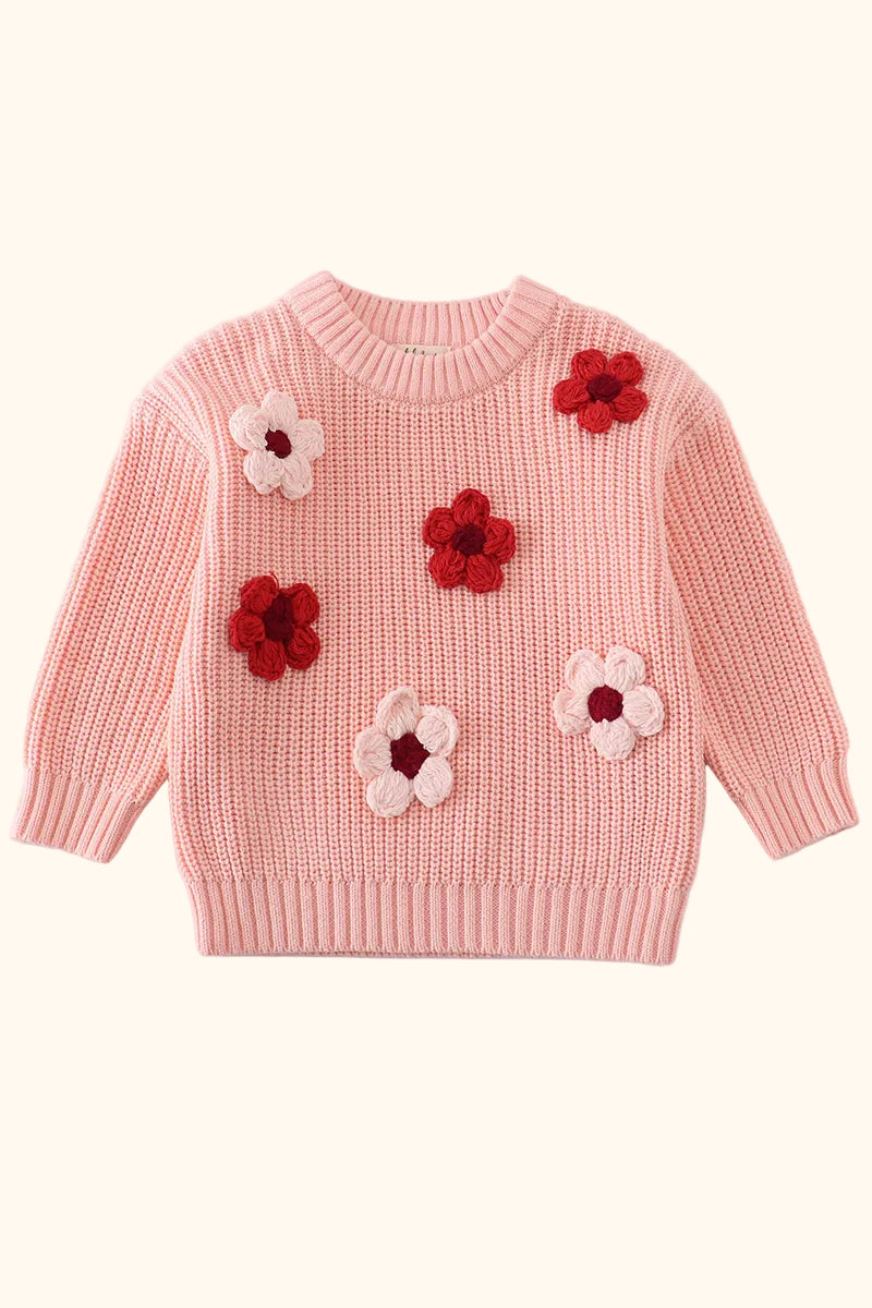 Cable Knit Floral Applique Sweater - Pink