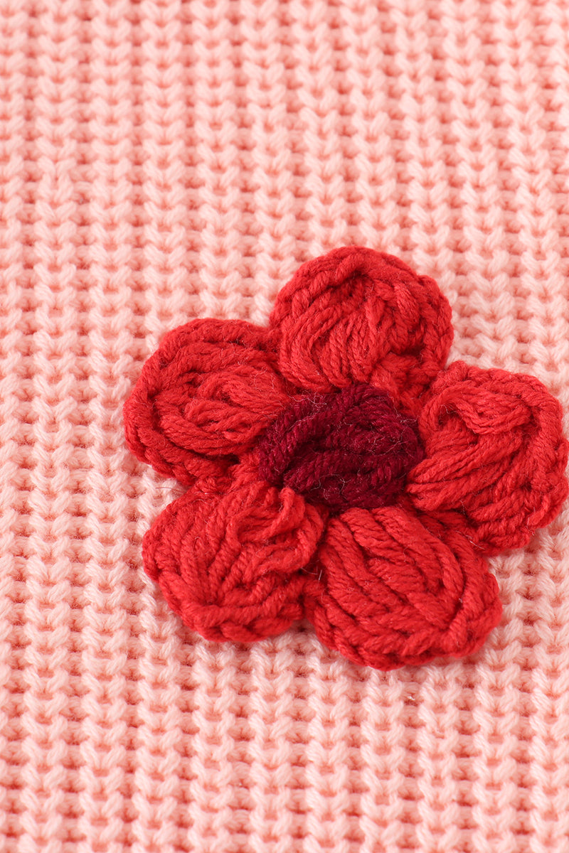 Cable Knit Floral Applique Sweater - Pink