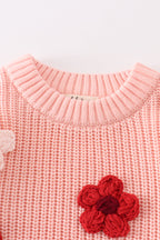 Cable Knit Floral Applique Sweater - Pink