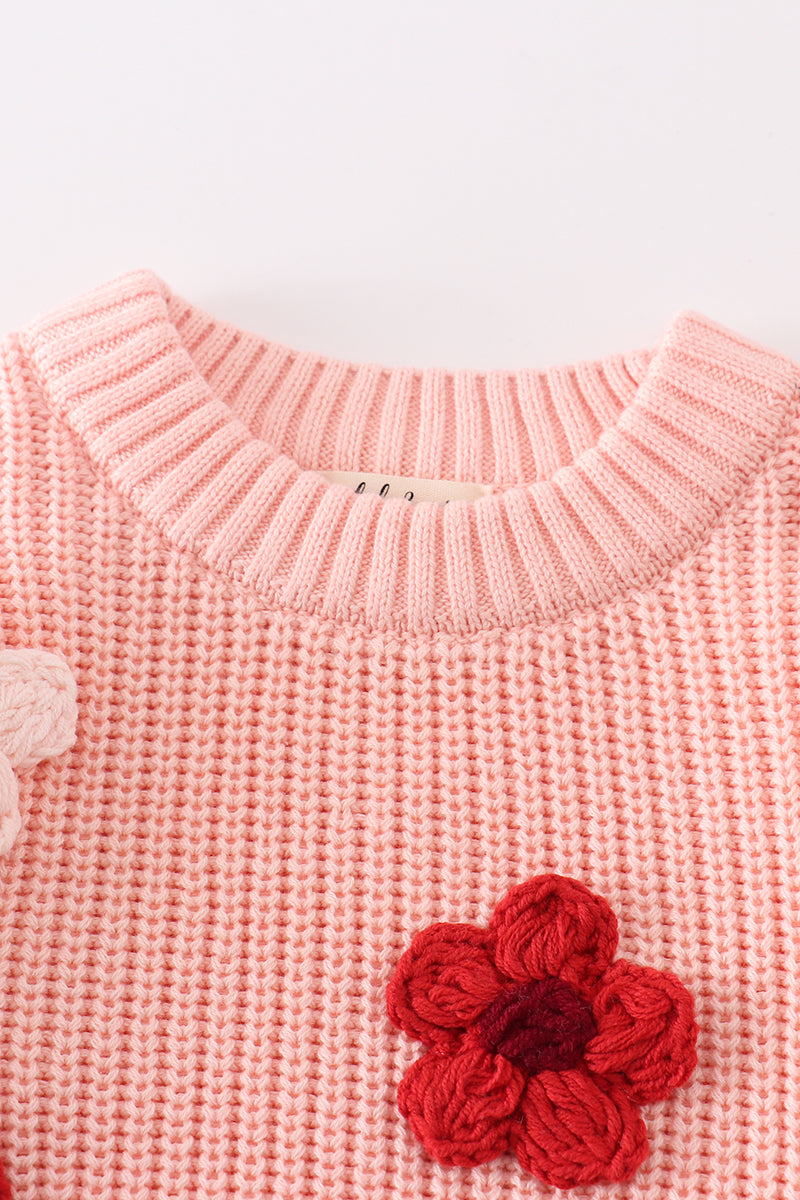 Cable Knit Floral Applique Sweater - Pink