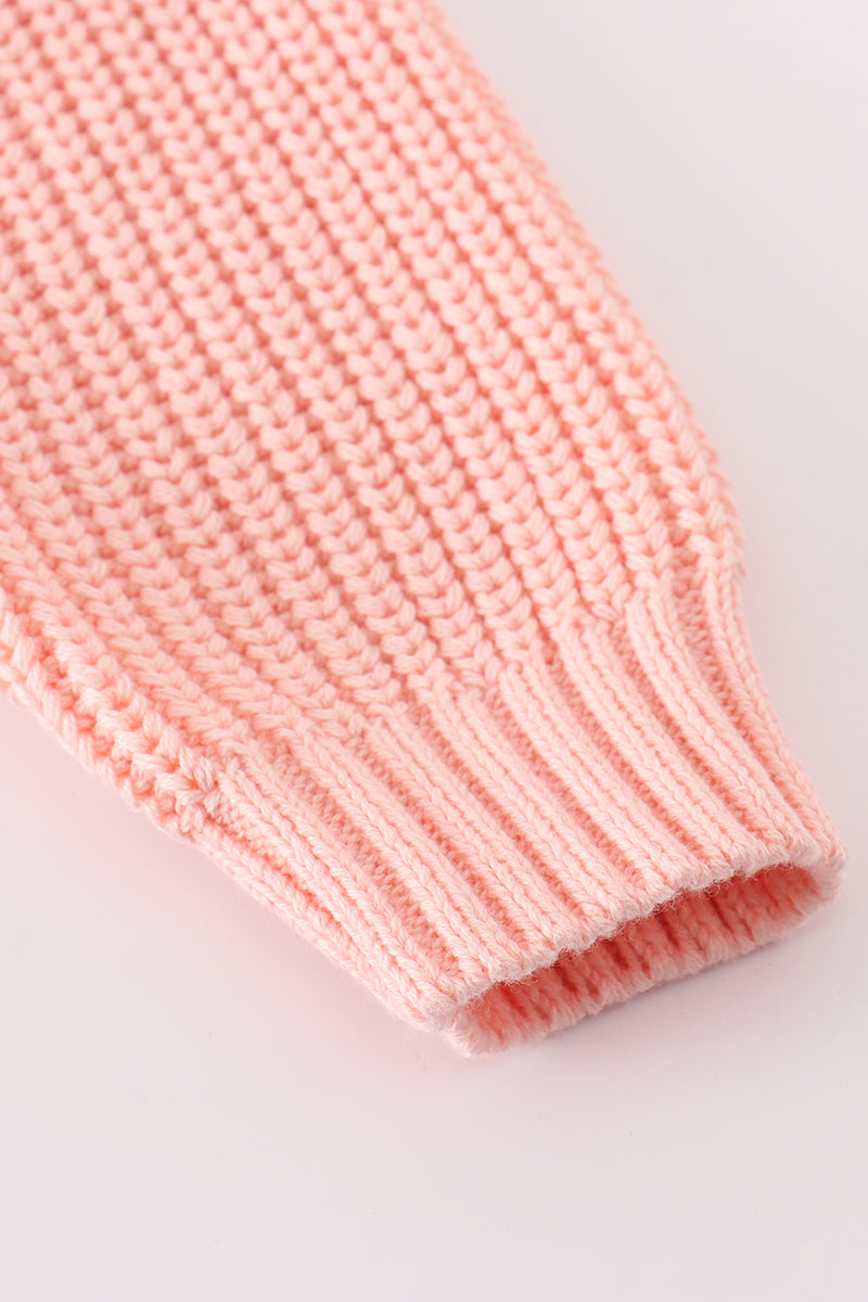 Cable Knit Floral Applique Sweater - Pink