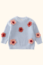 Cable Knit Floral Applique Sweater - Blue