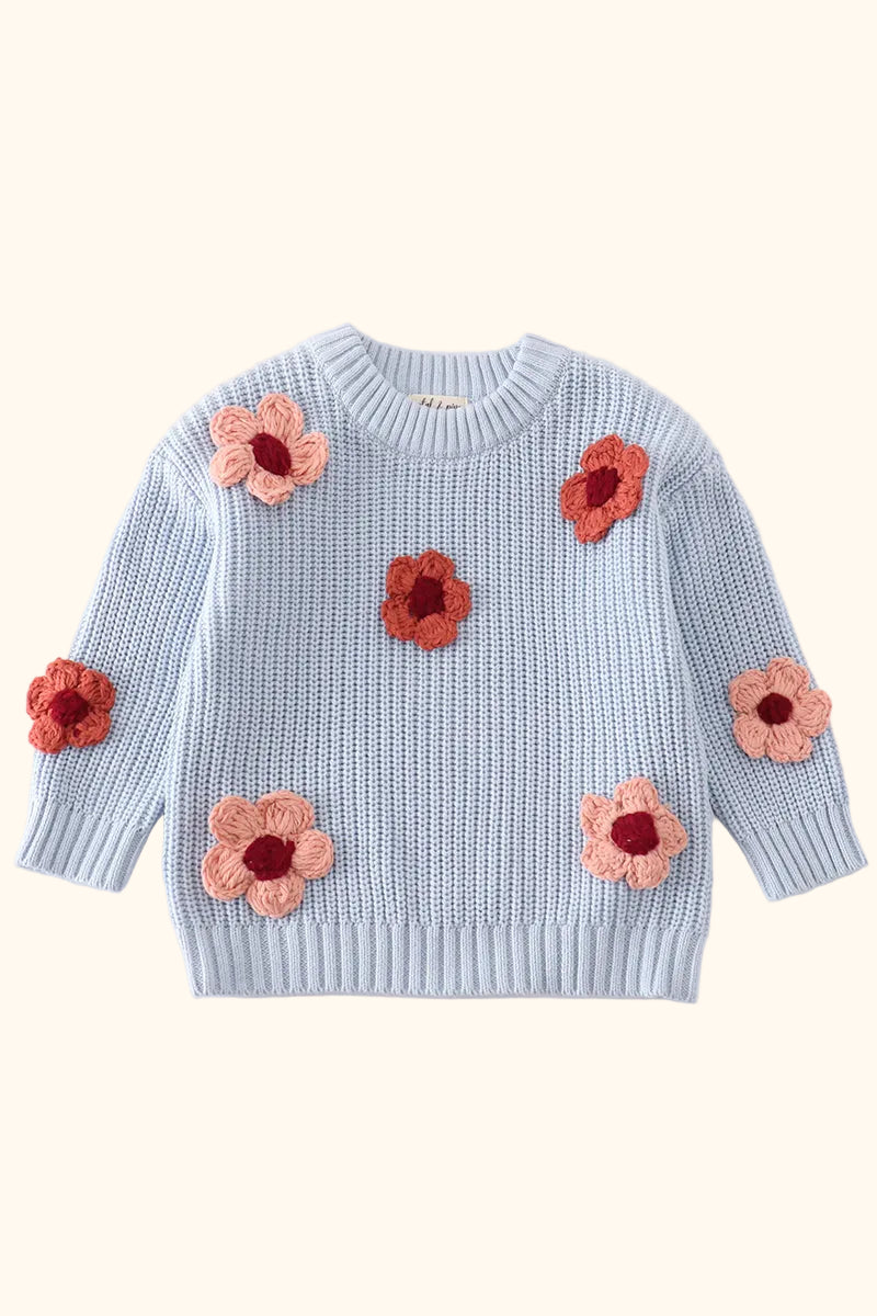 Cable Knit Floral Applique Sweater - Blue
