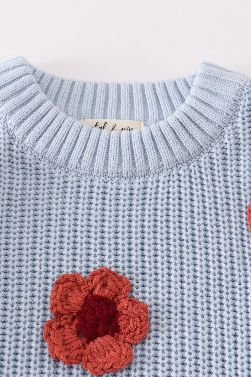 Cable Knit Floral Applique Sweater - Blue