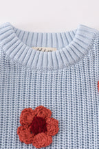 Cable Knit Floral Applique Sweater - Blue