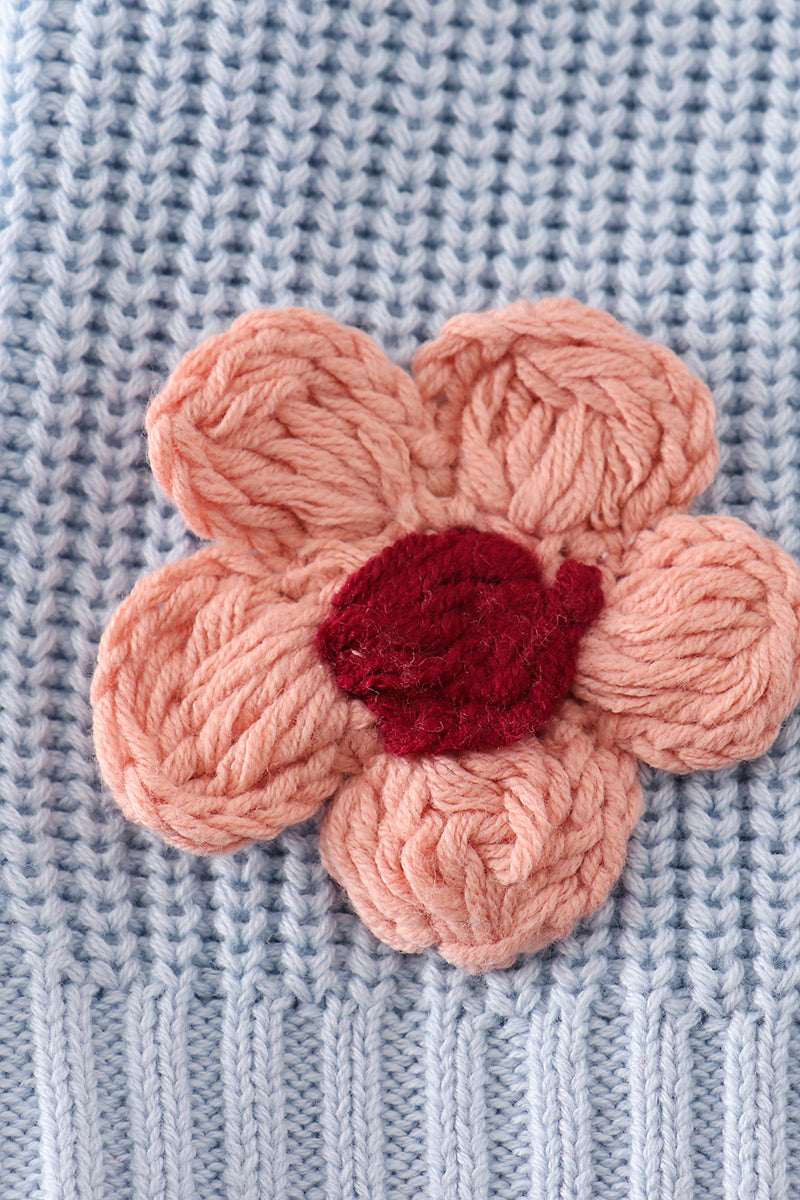 Cable Knit Floral Applique Sweater - Blue