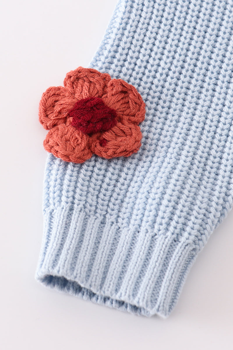 Cable Knit Floral Applique Sweater - Blue