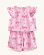 Baby  Pink Bow Print Ruffle Sleeve Top & Shorts Set