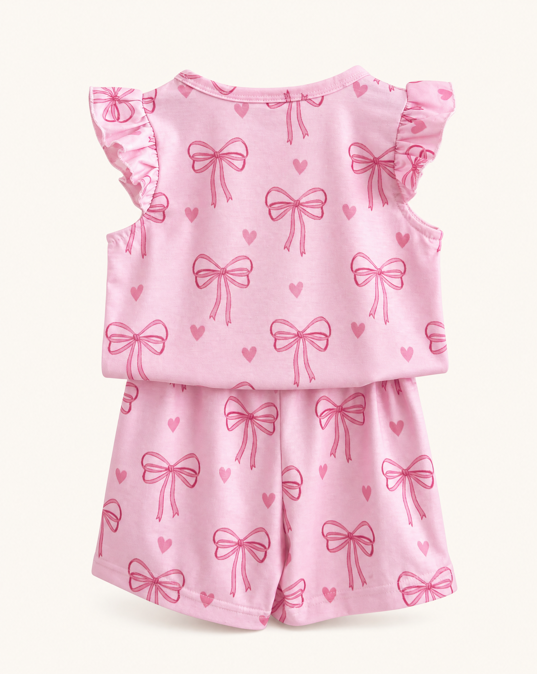 Baby  Pink Bow Print Ruffle Sleeve Top & Shorts Set
