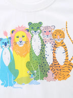 Cream kids T-shirt with colorful lion, tiger, and spotted wild animal graphic, close-up front view