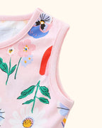 Blush pink kids sleeveless dress with butterfly and floral print, round neckline close-up