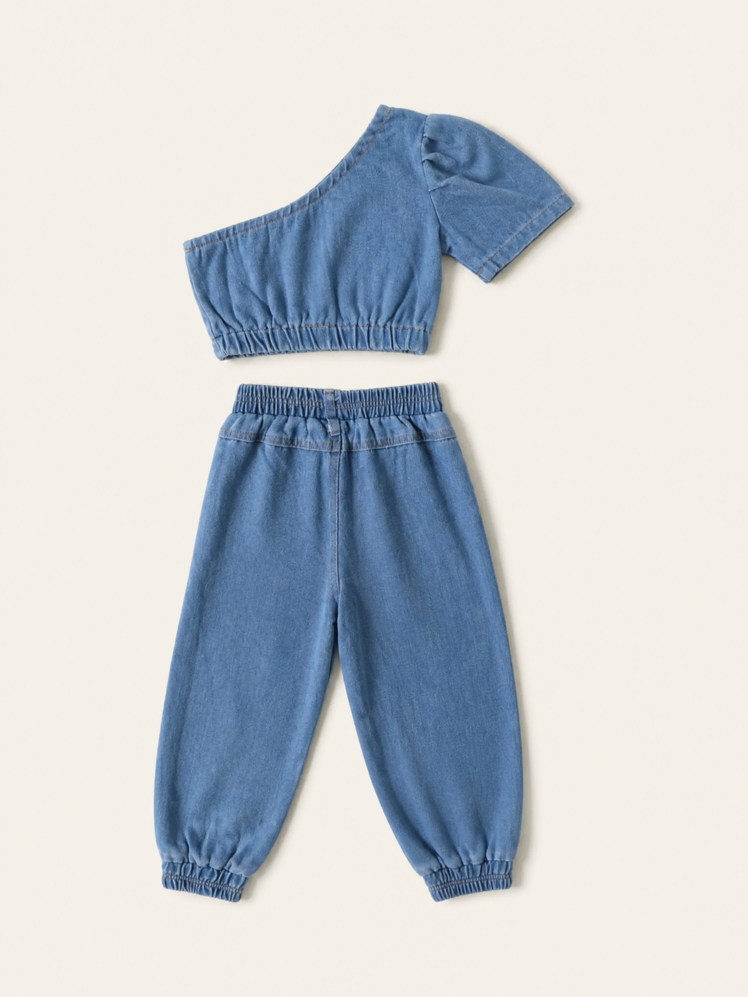One-Shoulder Denim Top & Distressed Jogger Jeans Set